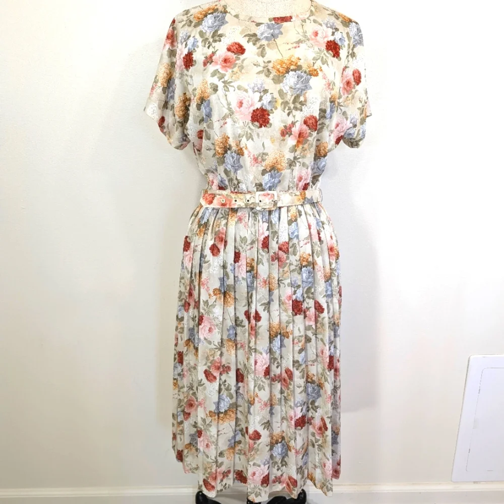 Vintage silky poly earthy floral, modest slip on day dress W matching belt. 12P